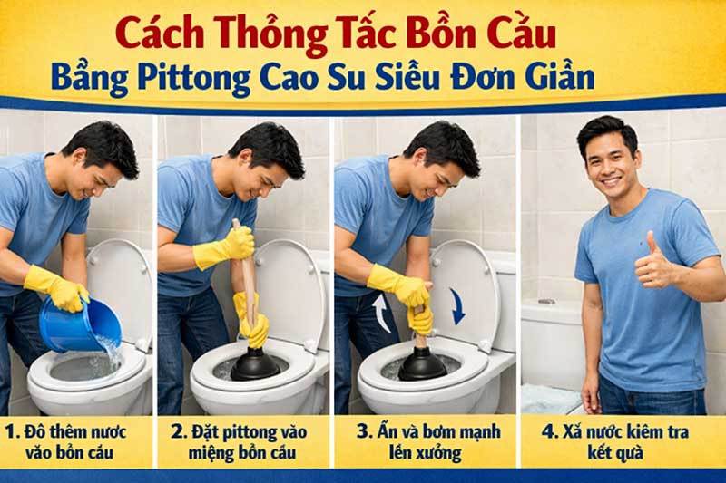 Hướng dẫn cách thông tắc bồn cầu bằng pittong cao su chi tiết
